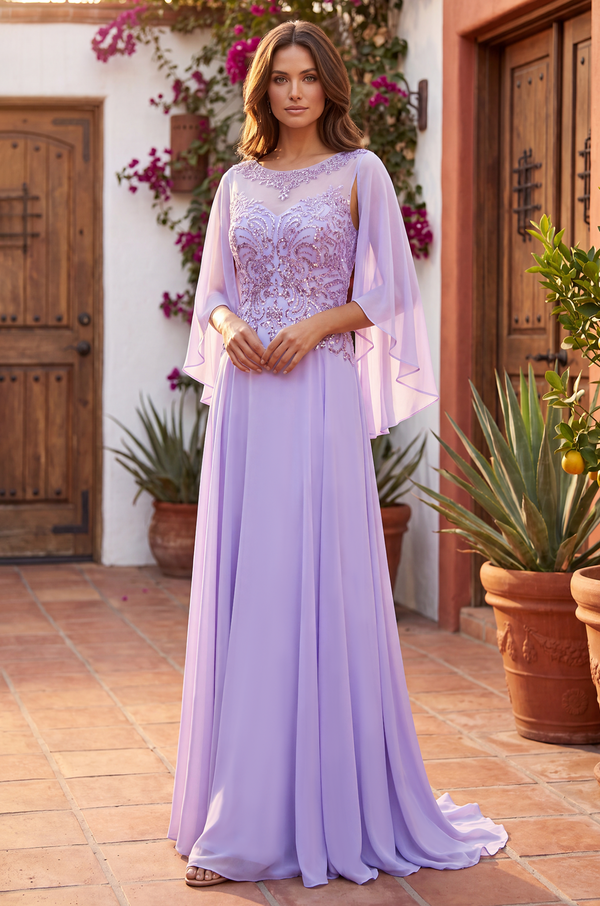 Kos Couture Long Mother of the Bride Cape Sleeve Dress