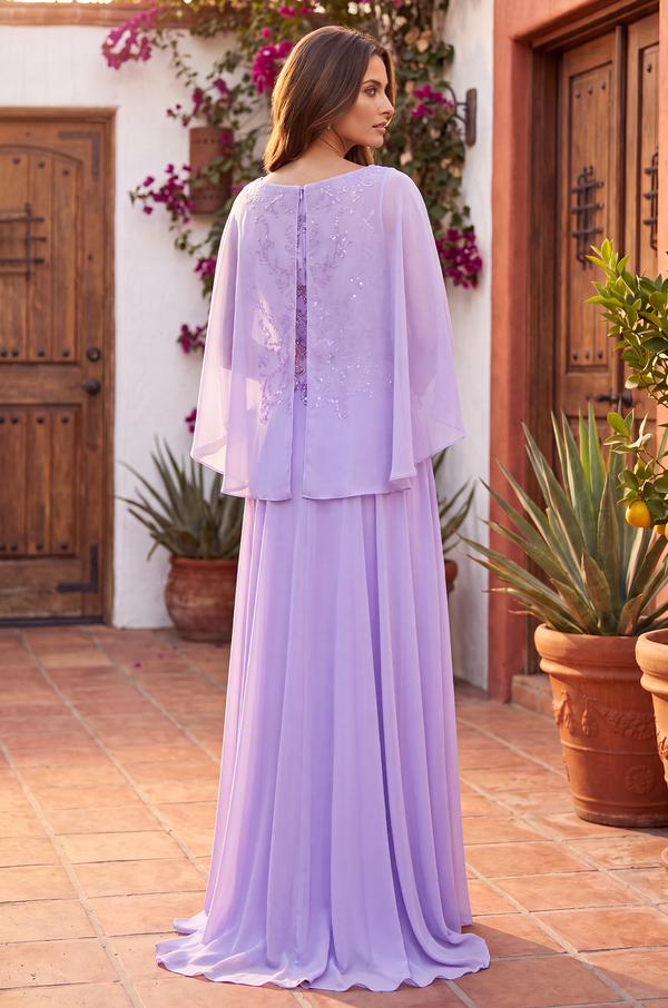 Kos Couture Long Mother of the Bride Cape Sleeve Dress