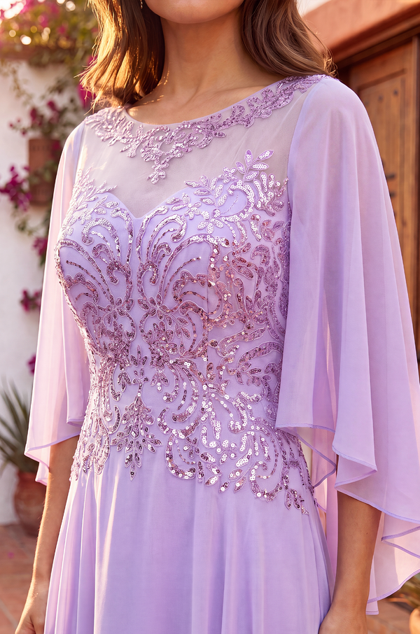Kos Couture Long Mother of the Bride Cape Sleeve Dress