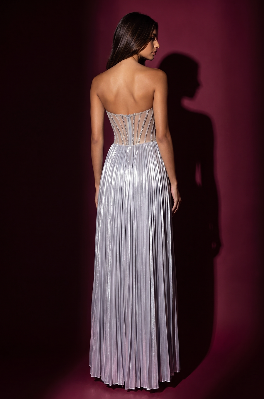 Strapless Beaded Bust Pleated Corset Formal Dress