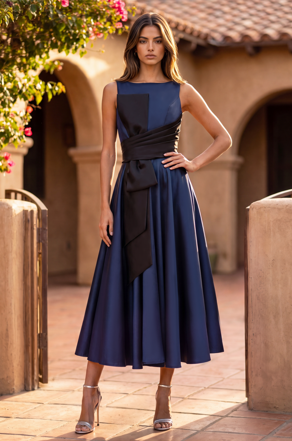 Cocktail Dresses Formal A Line Satin Cocktail Midi Dress Navy/White