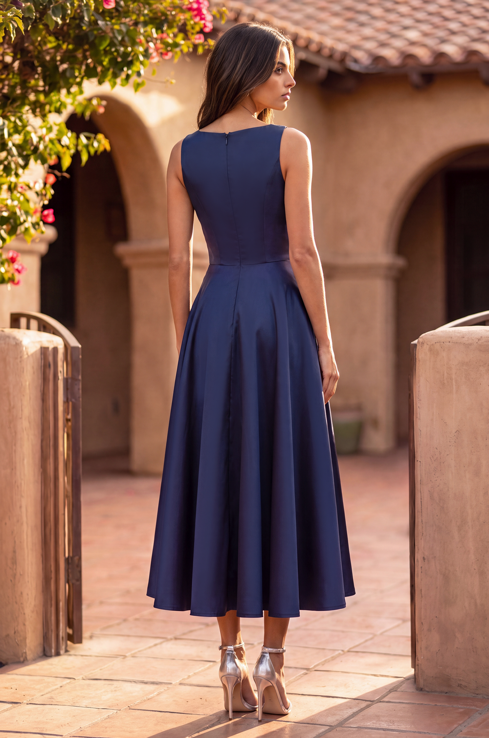 Cocktail Dresses Formal A Line Satin Cocktail Midi Dress Navy/White