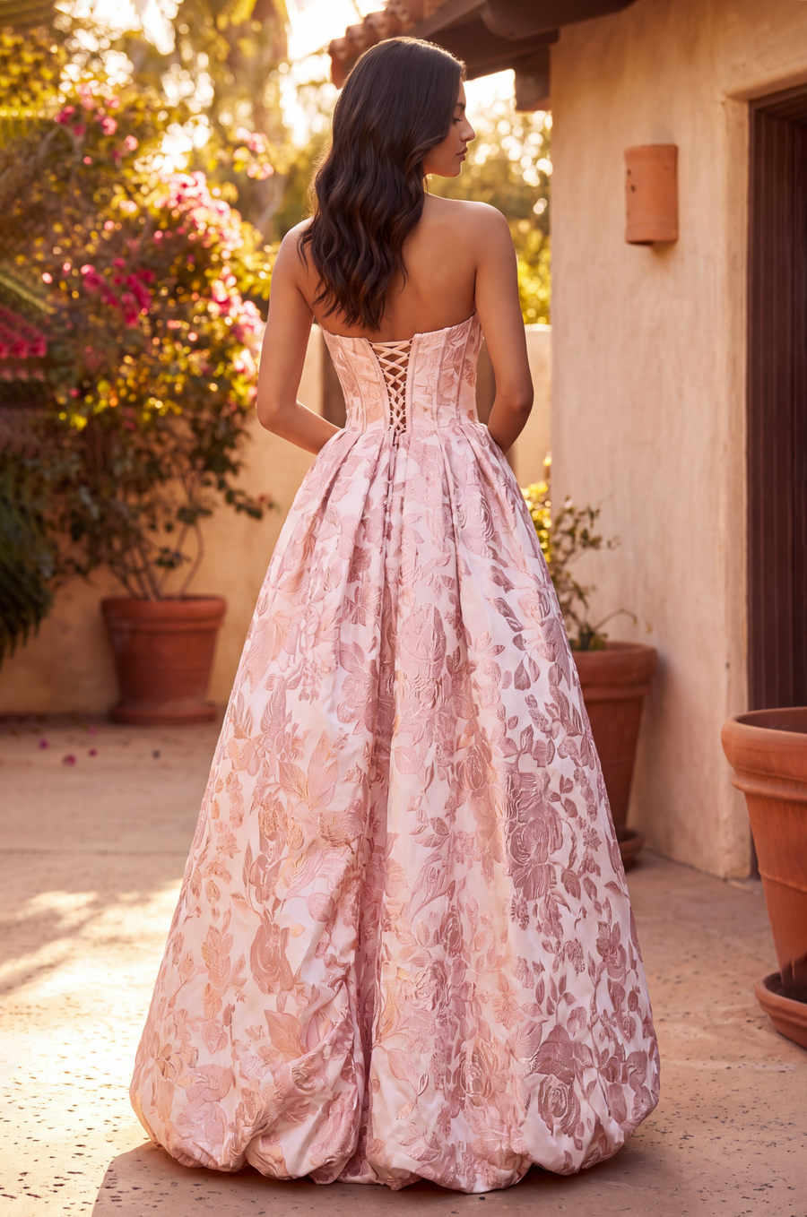 High Low Prom Gown Floral Jacquard Corset Bodice Dress
