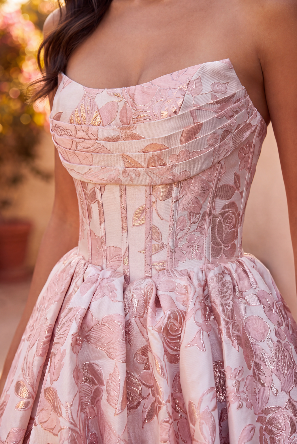 High Low Prom Gown Floral Jacquard Corset Bodice Dress