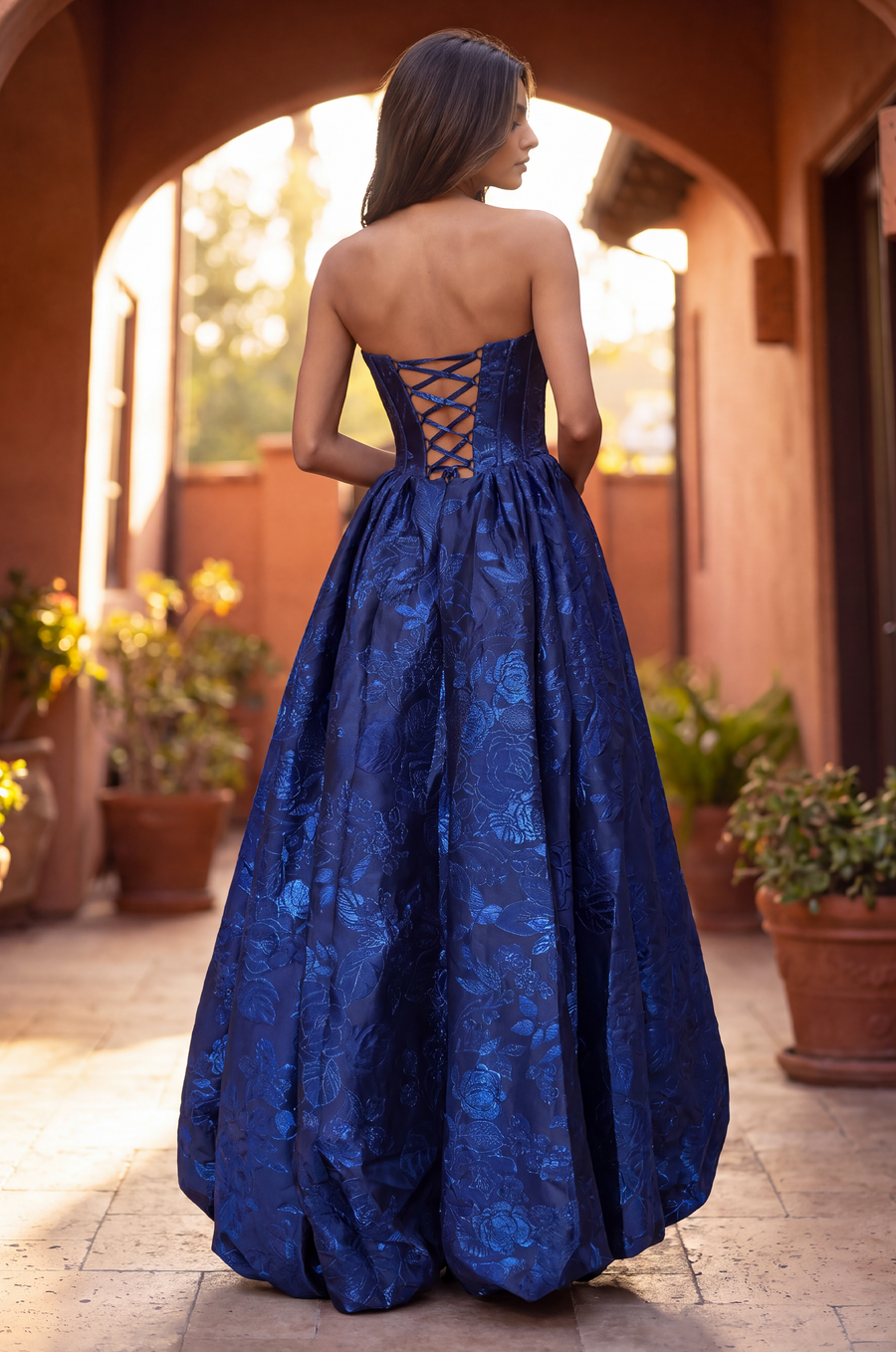 High Low Prom Gown Floral Jacquard Corset Bodice Dress