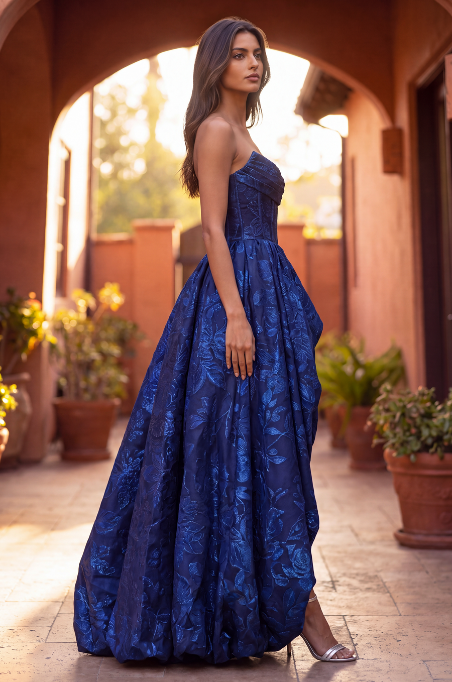 High Low Prom Gown Floral Jacquard Corset Bodice Dress