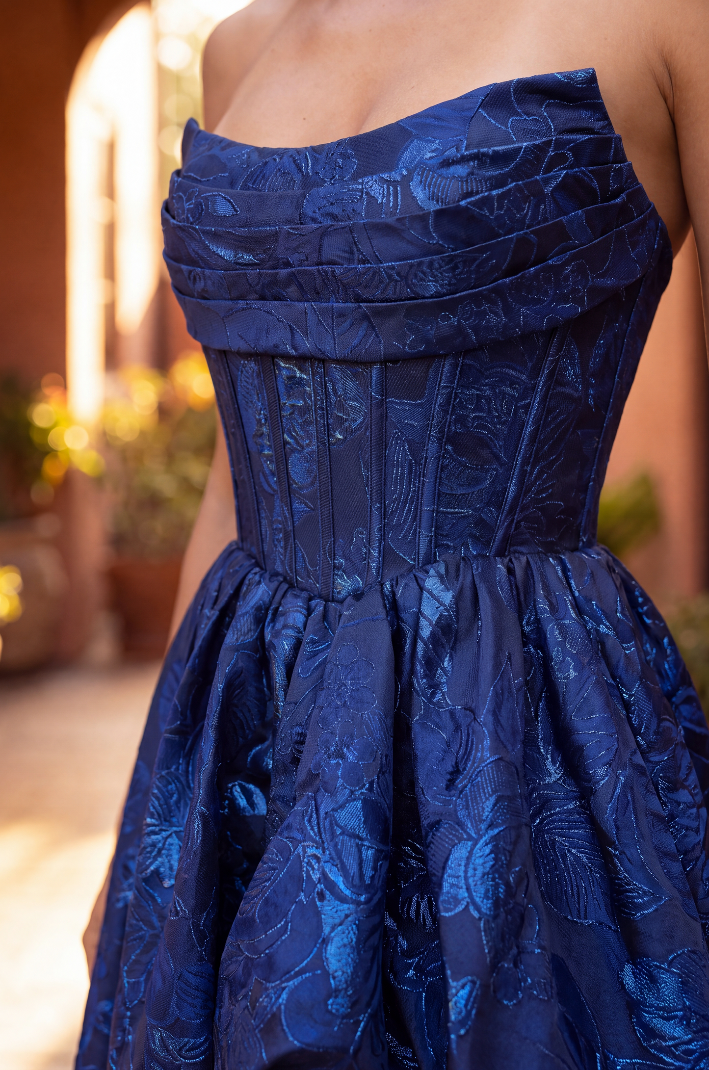 High Low Prom Gown Floral Jacquard Corset Bodice Dress