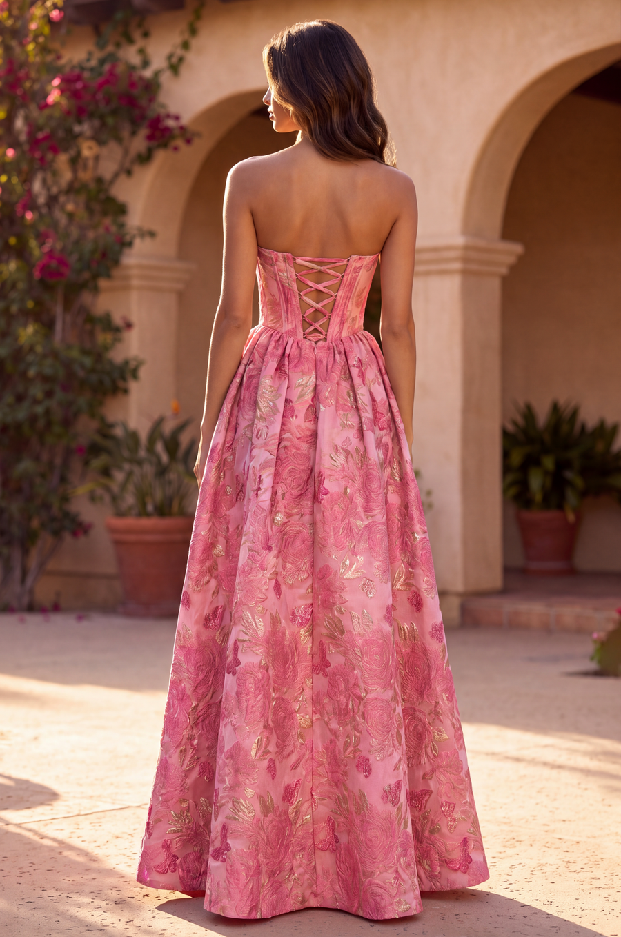 Kos Couture A Line Corset Jacquard Floral Dress with Metallic Accent