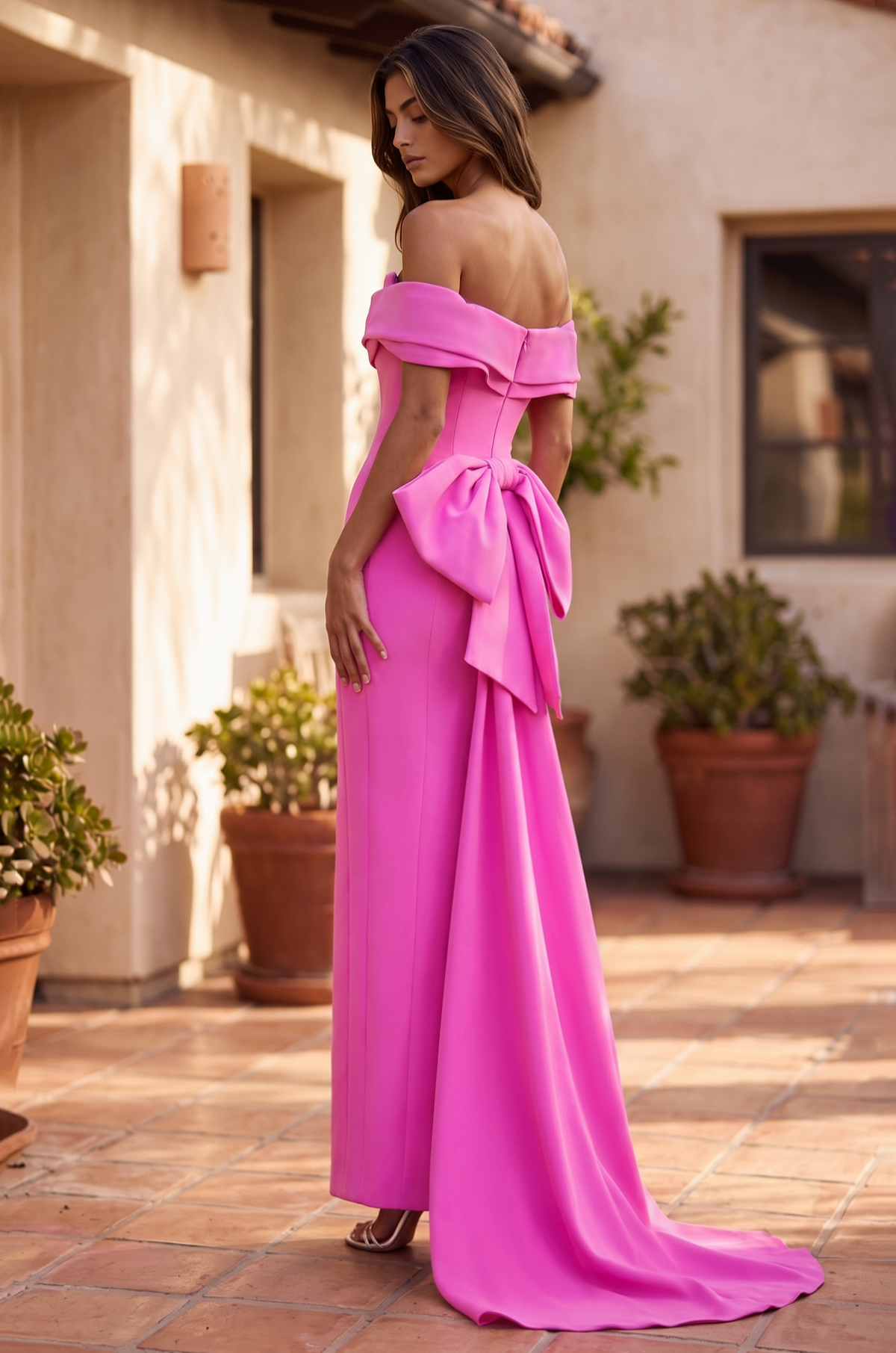 Formal Folded Neckline Bow Back Evening Dress
