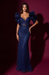 Kos Couture Formal Beaded Sequined Puff Sleeve Evening Gown