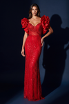Formal Beaded Sequined Puff Sleeve Evening Gown
