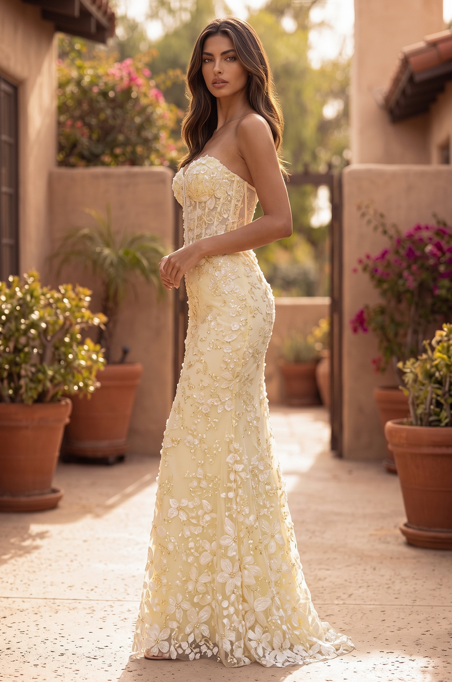 Prom Strapless Floral Beaded Corset Formal Dress