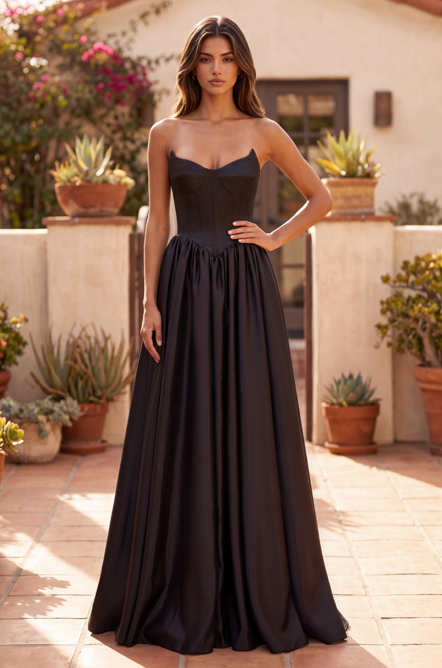 Kos Couture Full Skirt Satin Formal Gown with Drop Waist Corset Top and Pockets