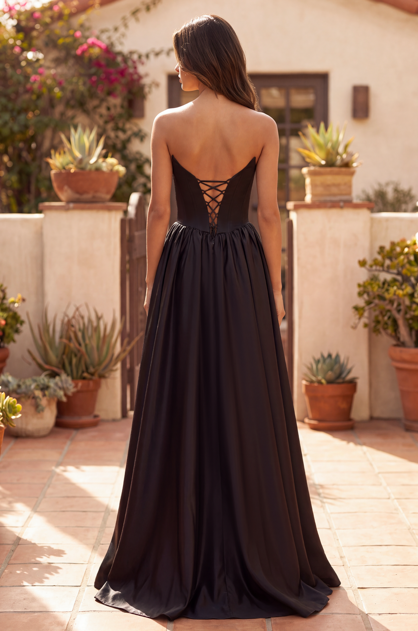 Kos Couture Full Skirt Satin Formal Gown with Drop Waist Corset Top and Pockets