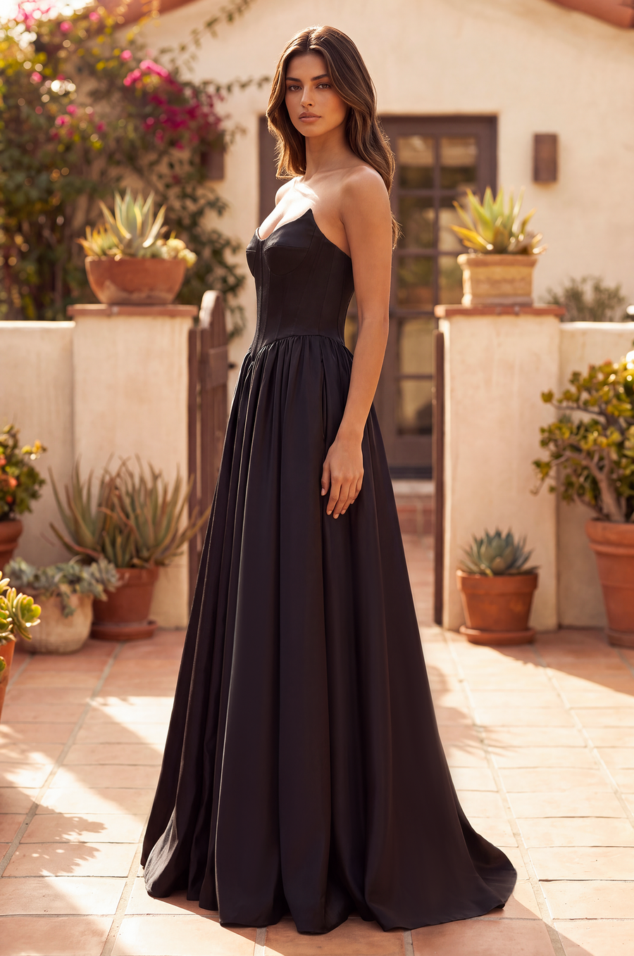 Kos Couture Full Skirt Satin Formal Gown with Drop Waist Corset Top and Pockets