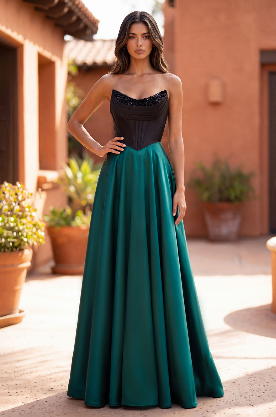 Formal A Line Satin Beaded Corset Evening Gown