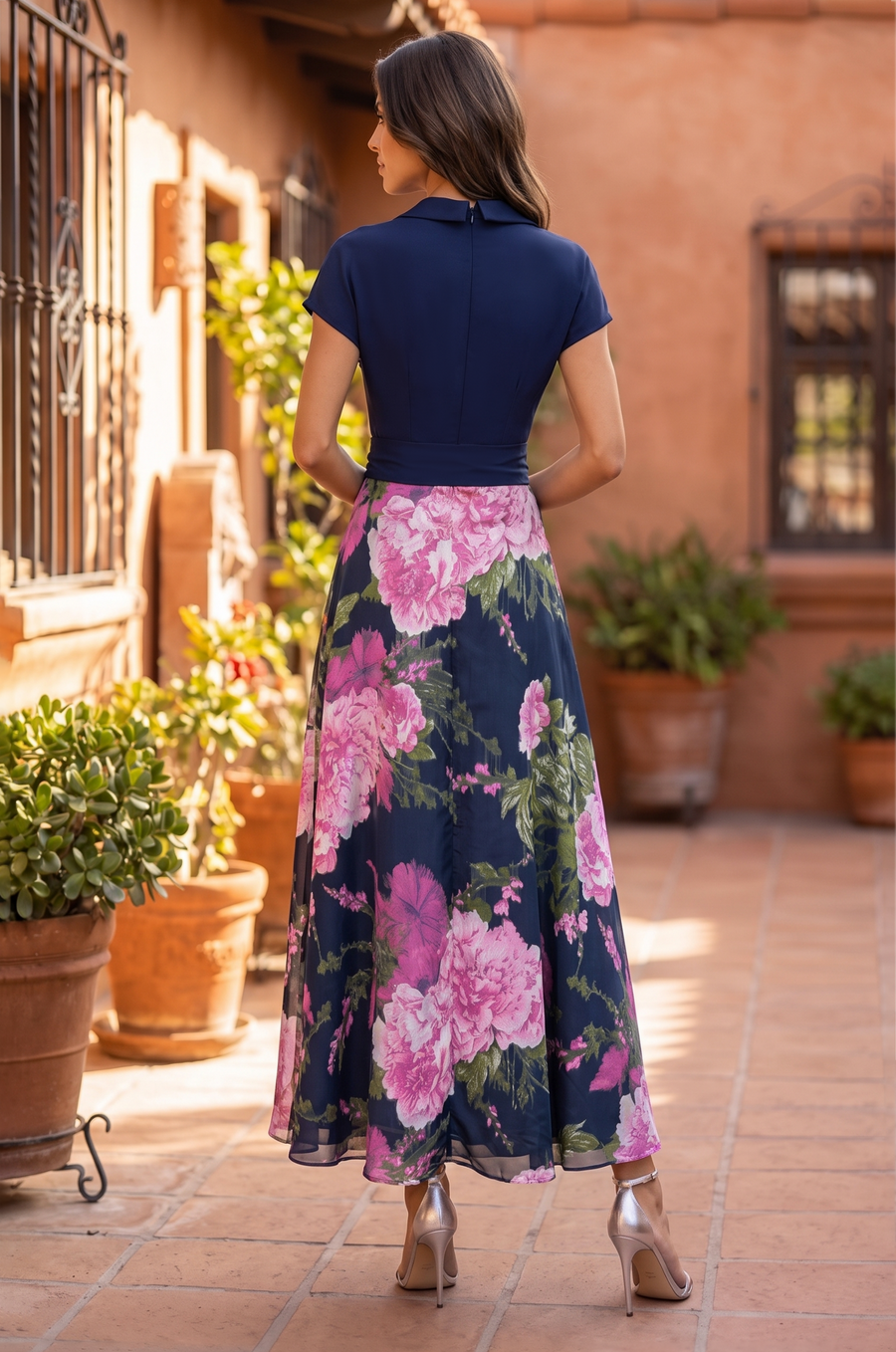 Navy Formal Collar Floral Print A Line Cocktail Midi Dress The Dress Outlet 1715 - Front