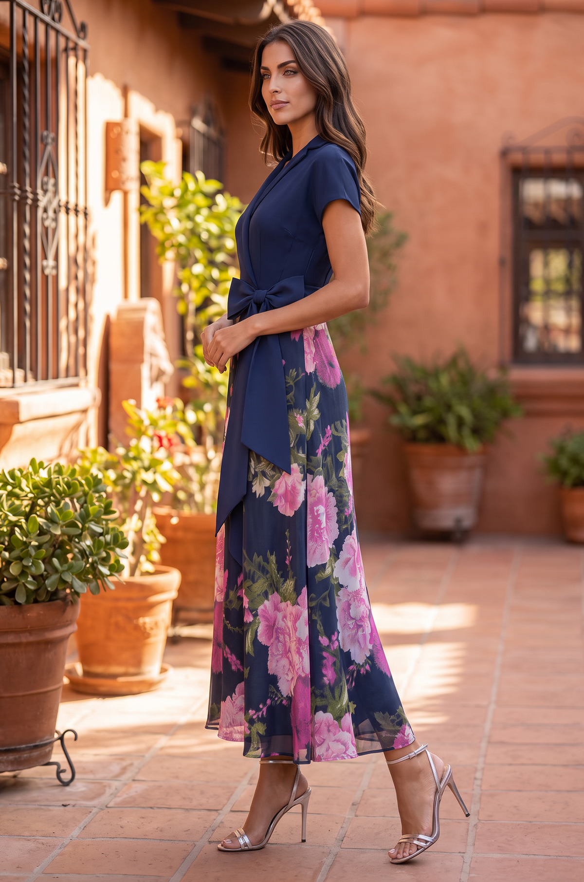 Navy Formal Collar Floral Print A Line Cocktail Midi Dress The Dress Outlet 1715 - Front