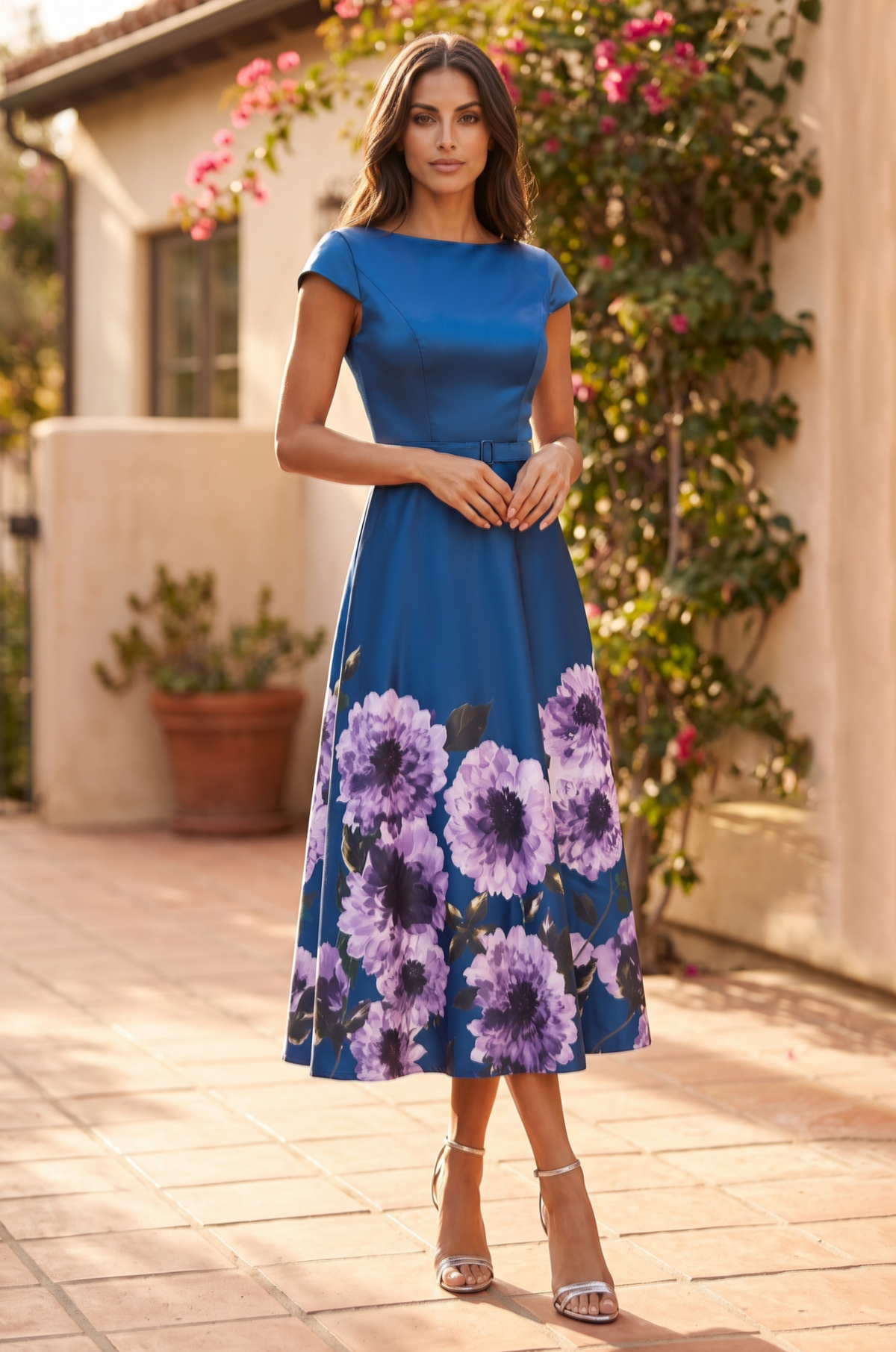 Kos Couture Cap Sleeve Belted Floral Print A-Line Cocktail Midi Dress