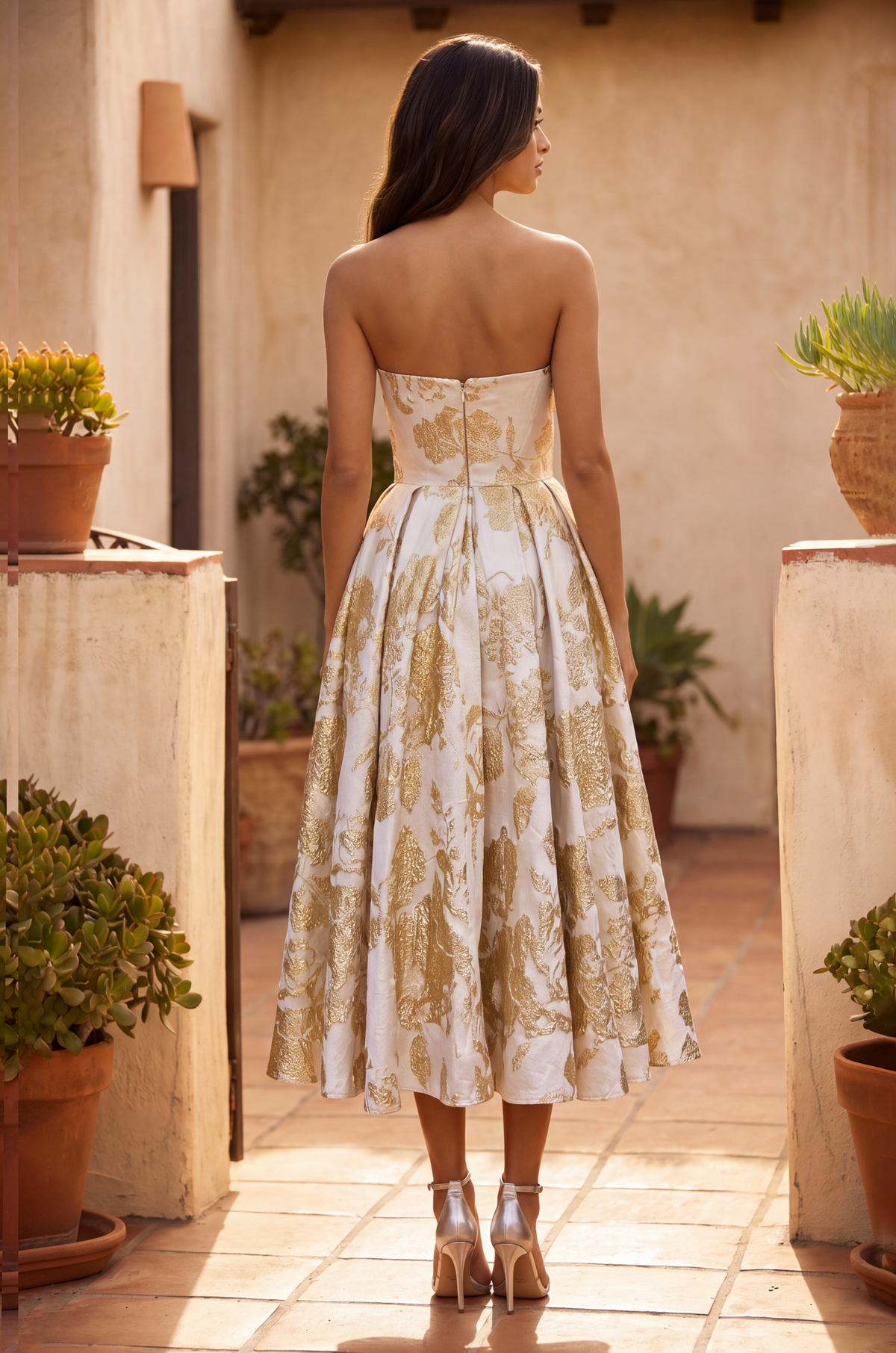 Gold strapless floral brocade midi dress
