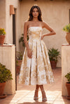 Gold strapless floral brocade midi dress - verified front