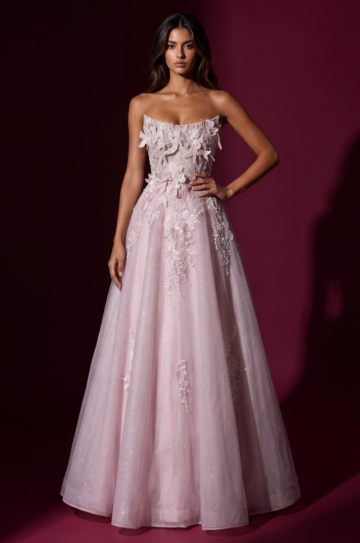 Kos Couture Prom Strapless 3D Floral Long Formal Dress