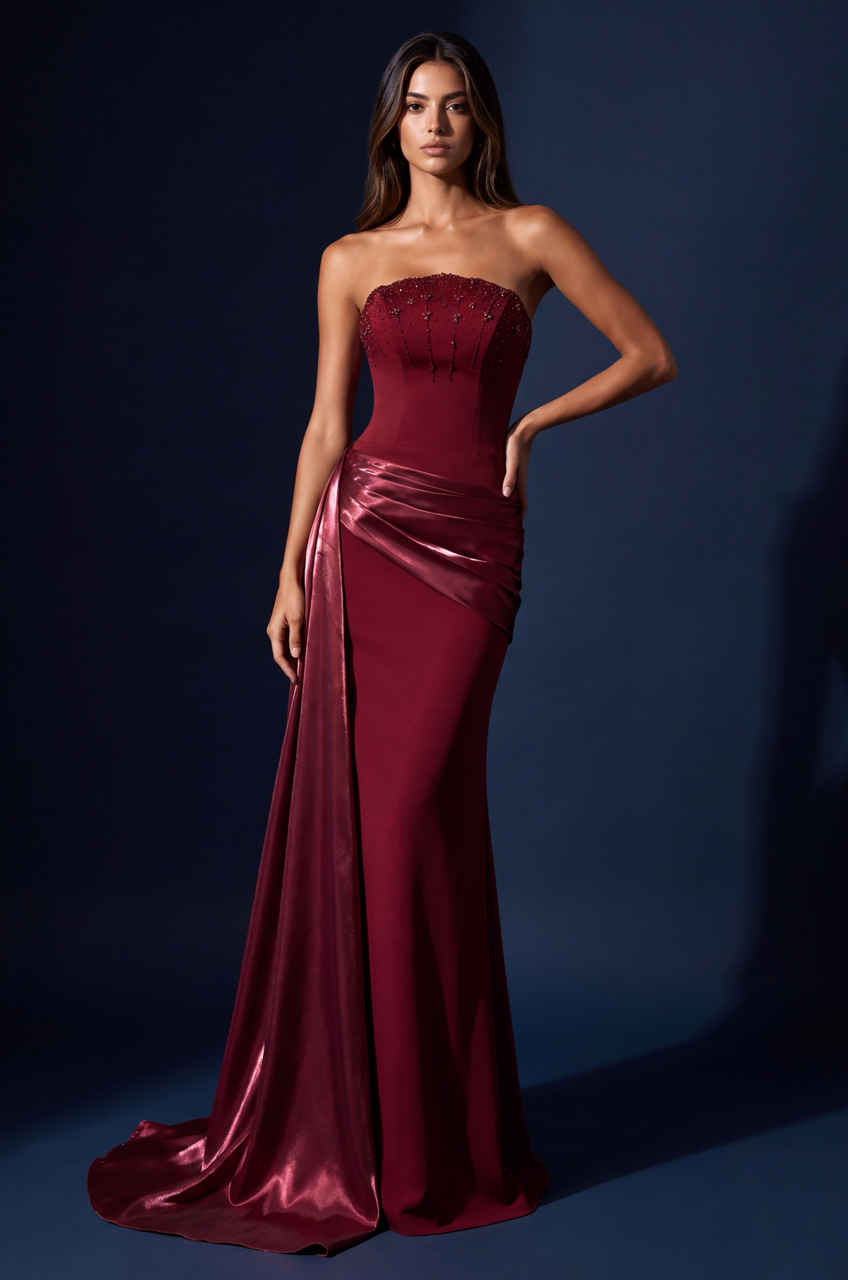 Front view of the strapless floor-length gown