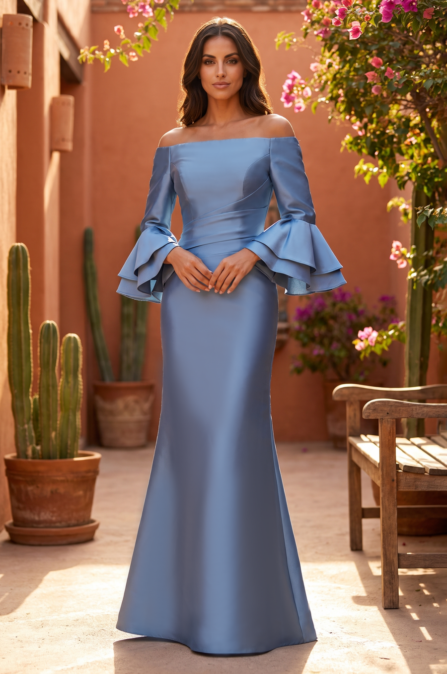Kos Couture Long Tiered Bell Sleeve Satin Formal Dress