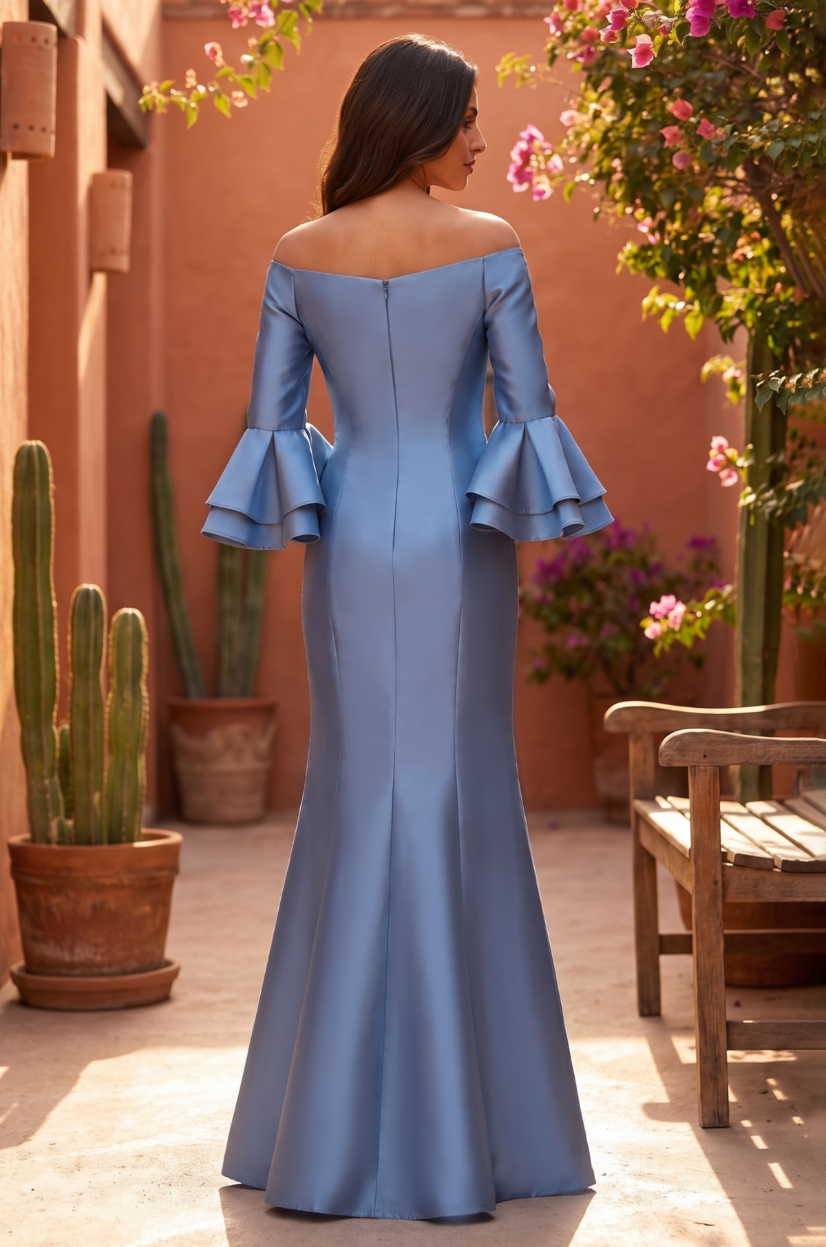 Kos Couture Long Tiered Bell Sleeve Satin Formal Dress