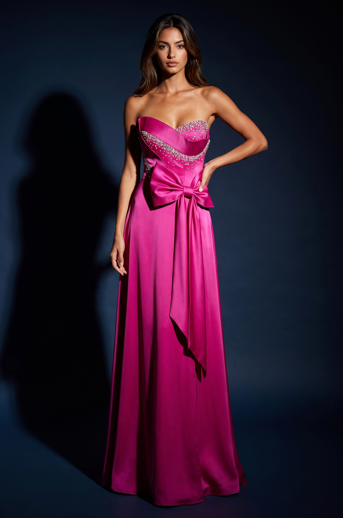 Kos Couture Prom Strapless Beaded Bow Satin Formal Dress