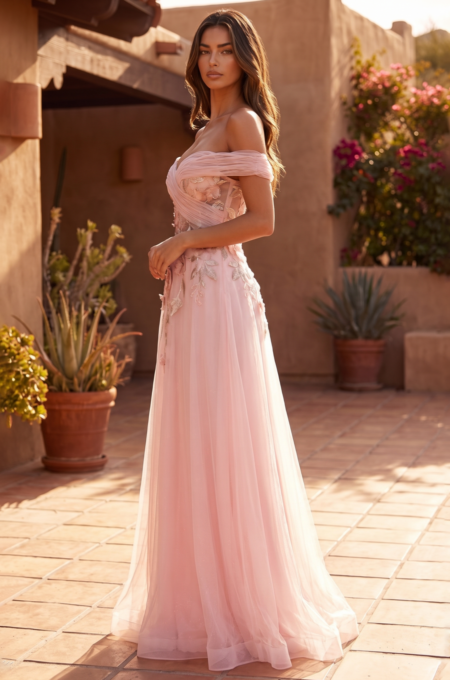 Side view of the floor-length A-line gown