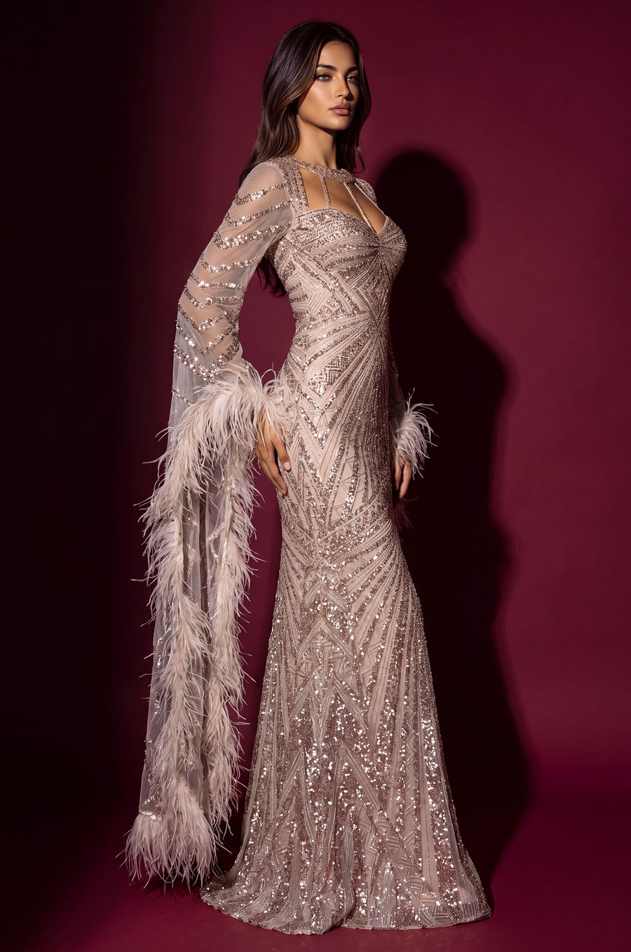 Kos Couture Formal Beaded Long Sleeve Feather Couture Gown