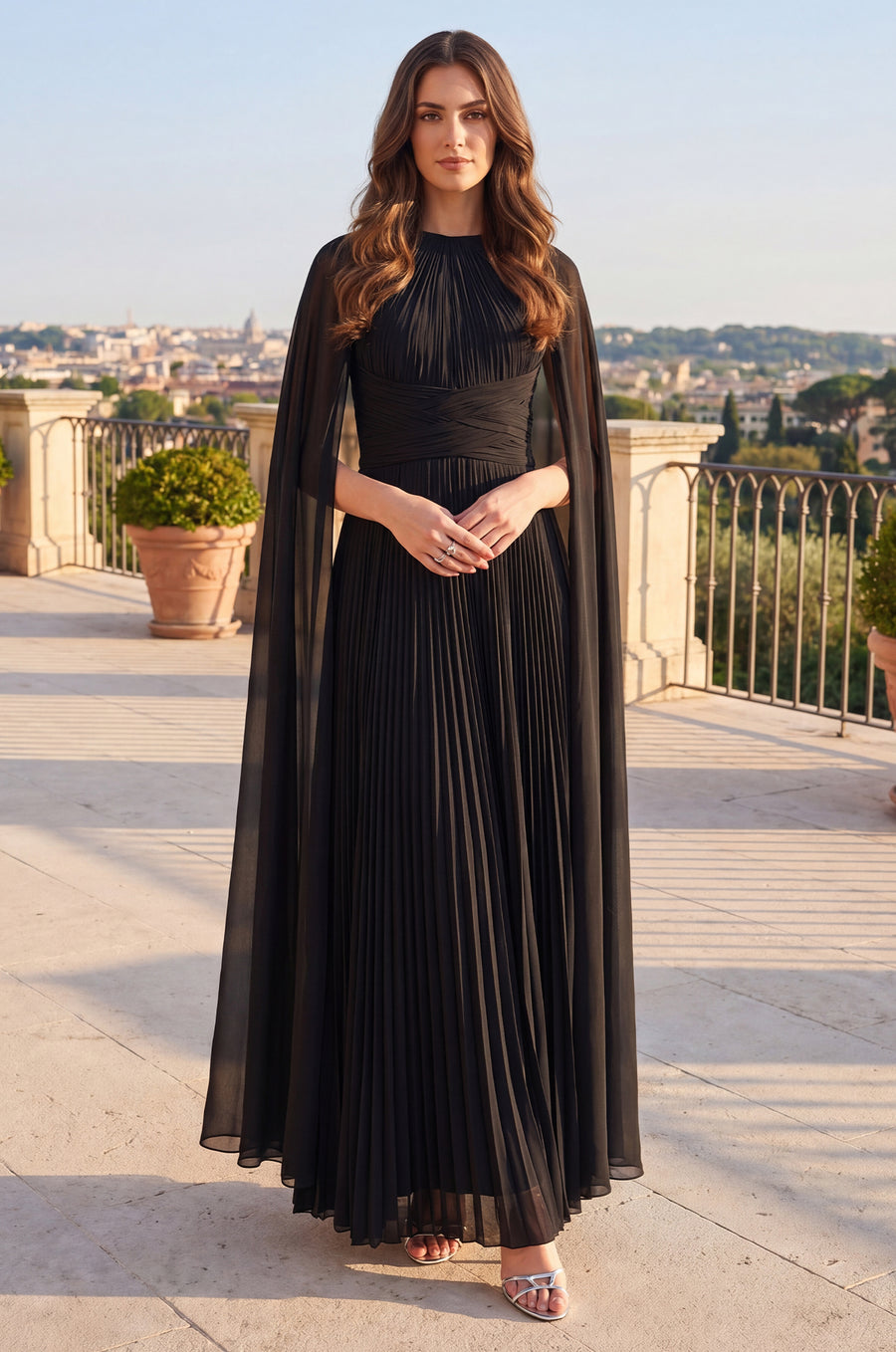 Kos Couture Pleated A Line Long Formal High Neck Cape Sleeve Dress