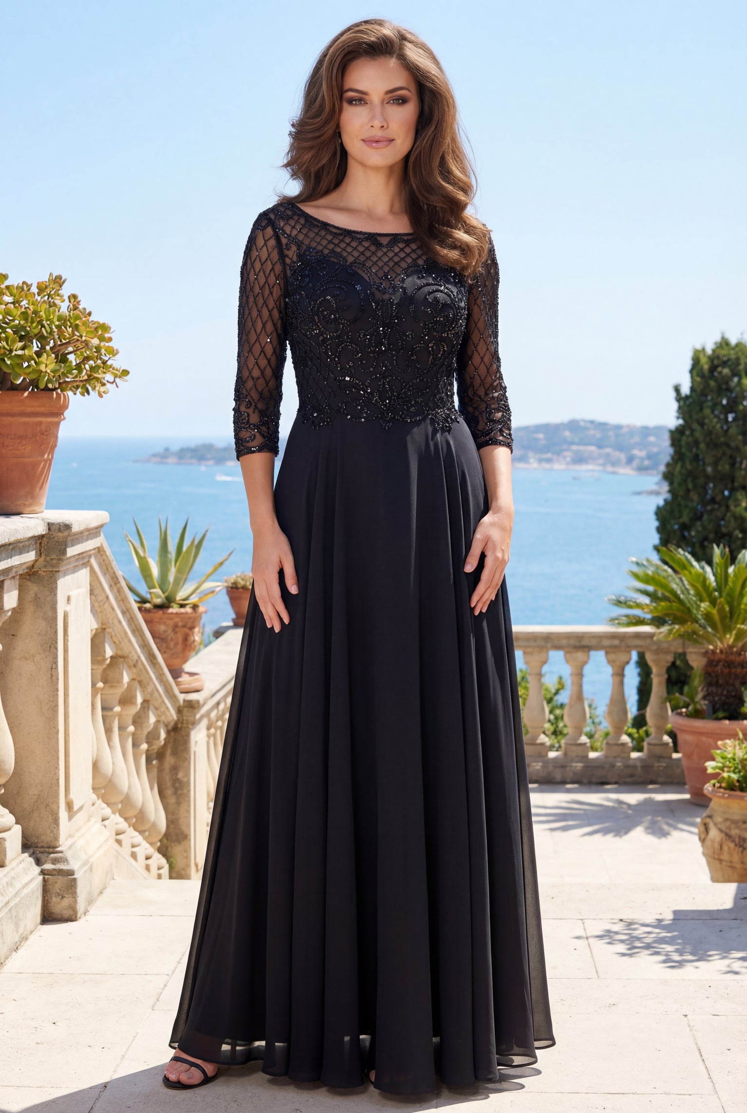Kos Couture Long Sleeve Hand Beaded Mother of The Bride Dress