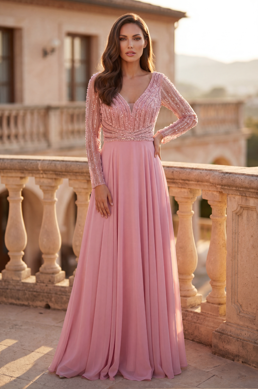 Kos Couture Beaded Long Sleeve Mother of the Bride Dress