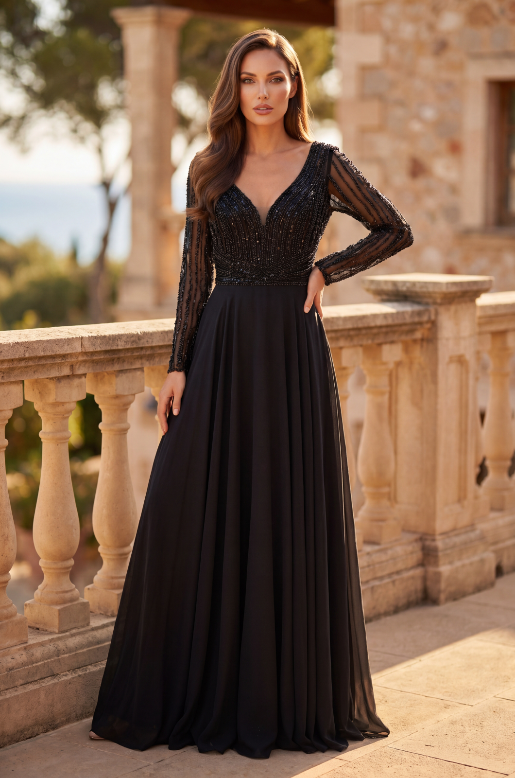 Kos Couture Beaded Long Sleeve Mother of the Bride Dress