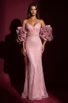 Kos Couture Formal Beaded Sequined Puff Sleeve Evening Gown