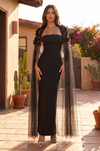 Strapless Feather Cape Gown in Black