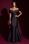 Mikado Long Off Shoulder Formal Criss Cross Bodice Evening Dress