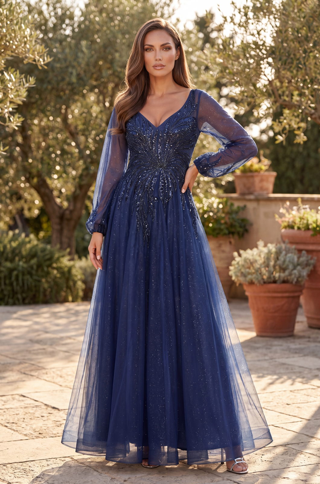 Kos Couture V Neck Long Sleeve Formal Evening Dress