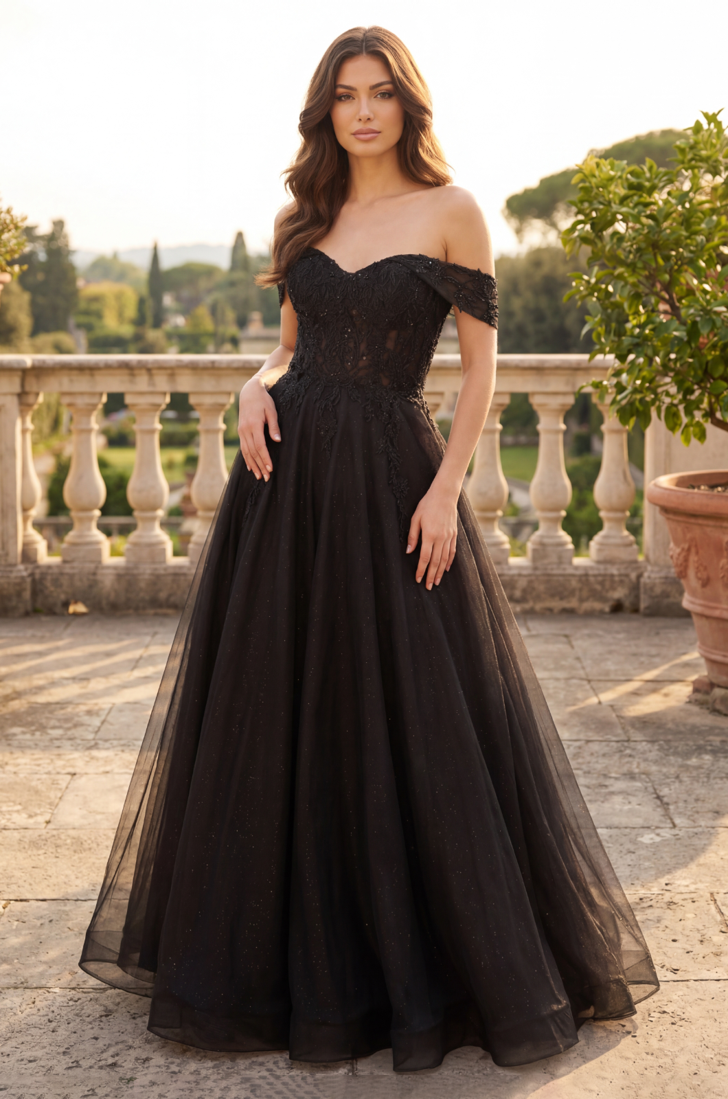 Kos Couture Long Off Shoulder Corset Formal Dress