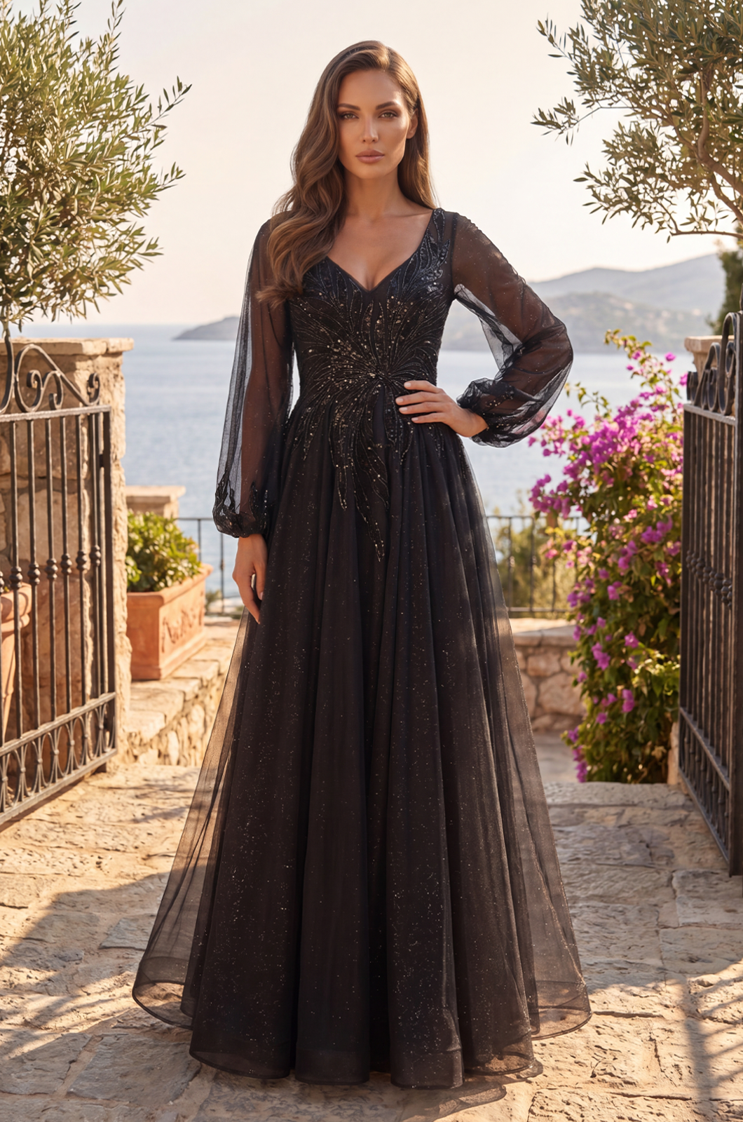 Kos Couture V Neck Long Sleeve Formal Evening Dress