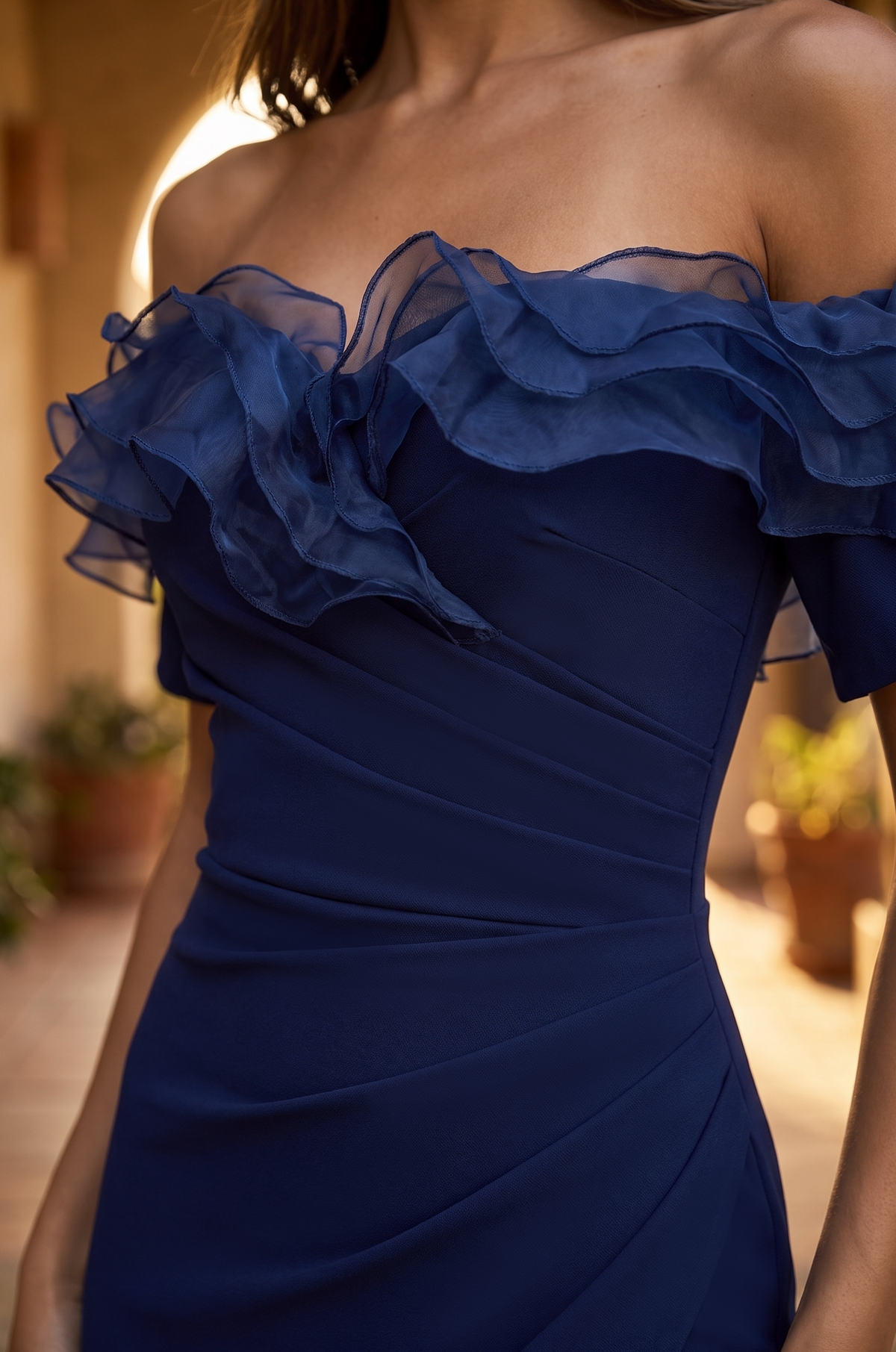 Kos Couture Ruffled Long Off Shoulder Formal Evening Dress