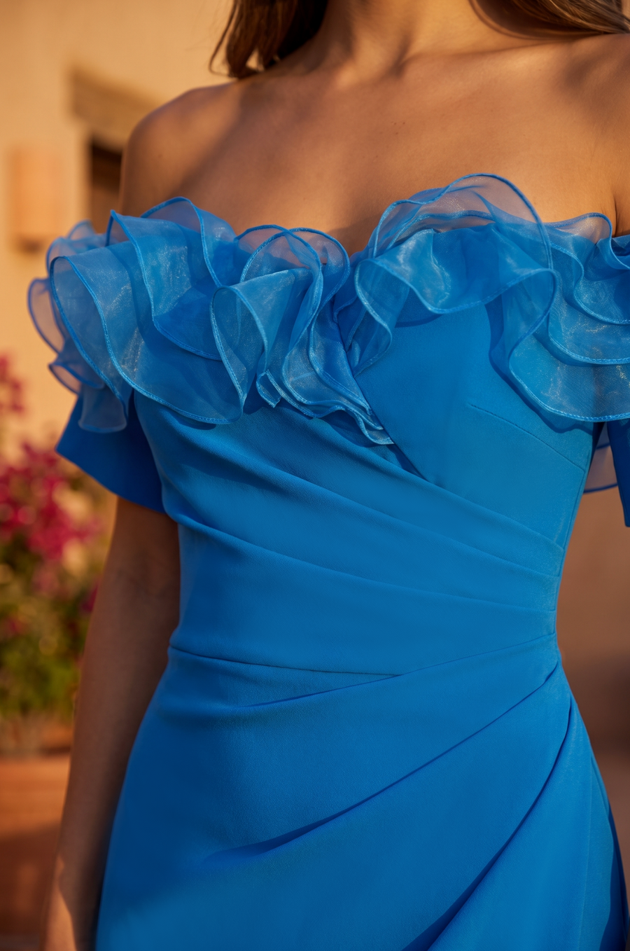 Kos Couture Ruffled Long Off Shoulder Formal Evening Dress