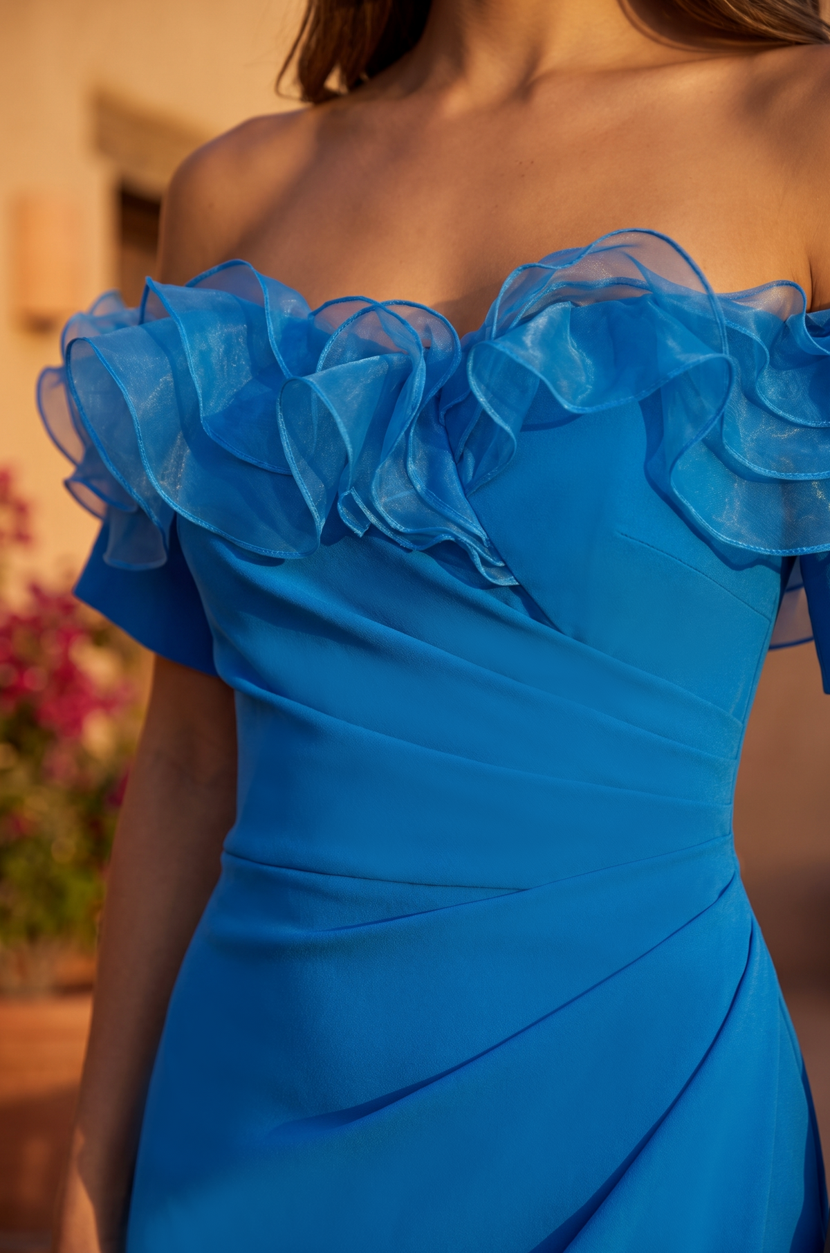Kos Couture Ruffled Long Off Shoulder Formal Evening Dress