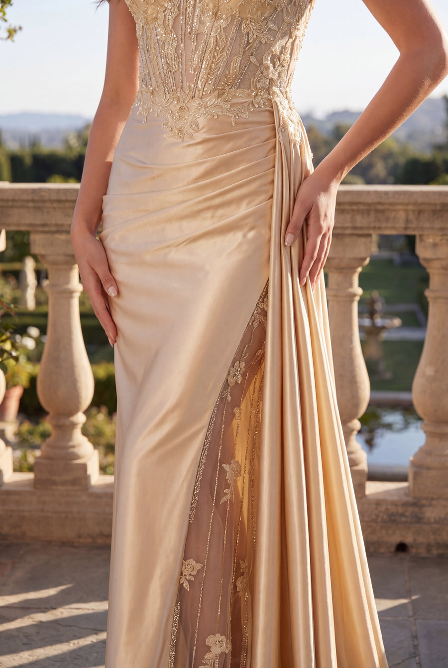 Kos Couture Corset Prom Long Dresss with Beaded Drape Slit