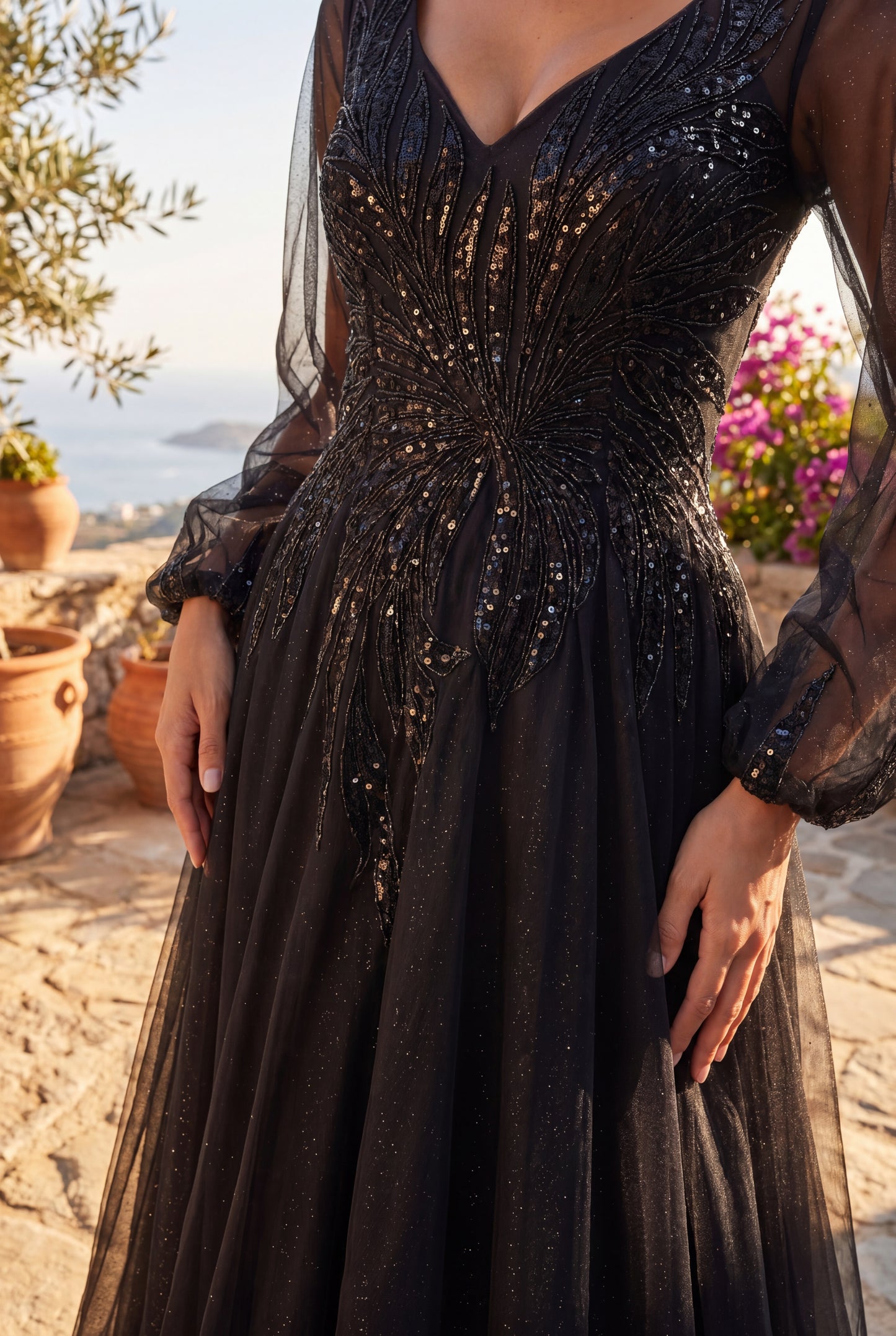 Kos Couture V Neck Long Sleeve Formal Evening Dress