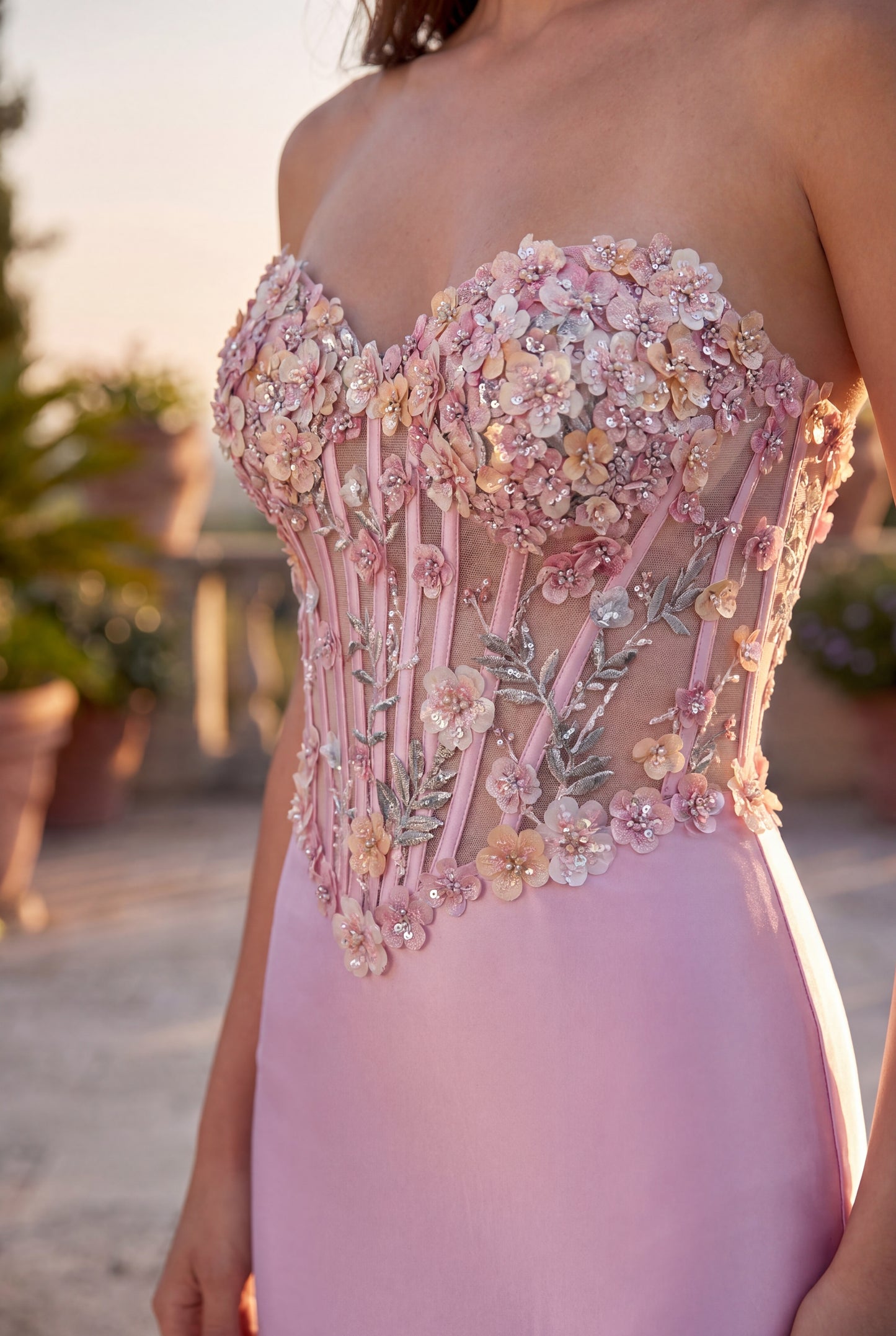 Kos Couture Long Fitted Stretch Satin Formal Corset Prom Dress