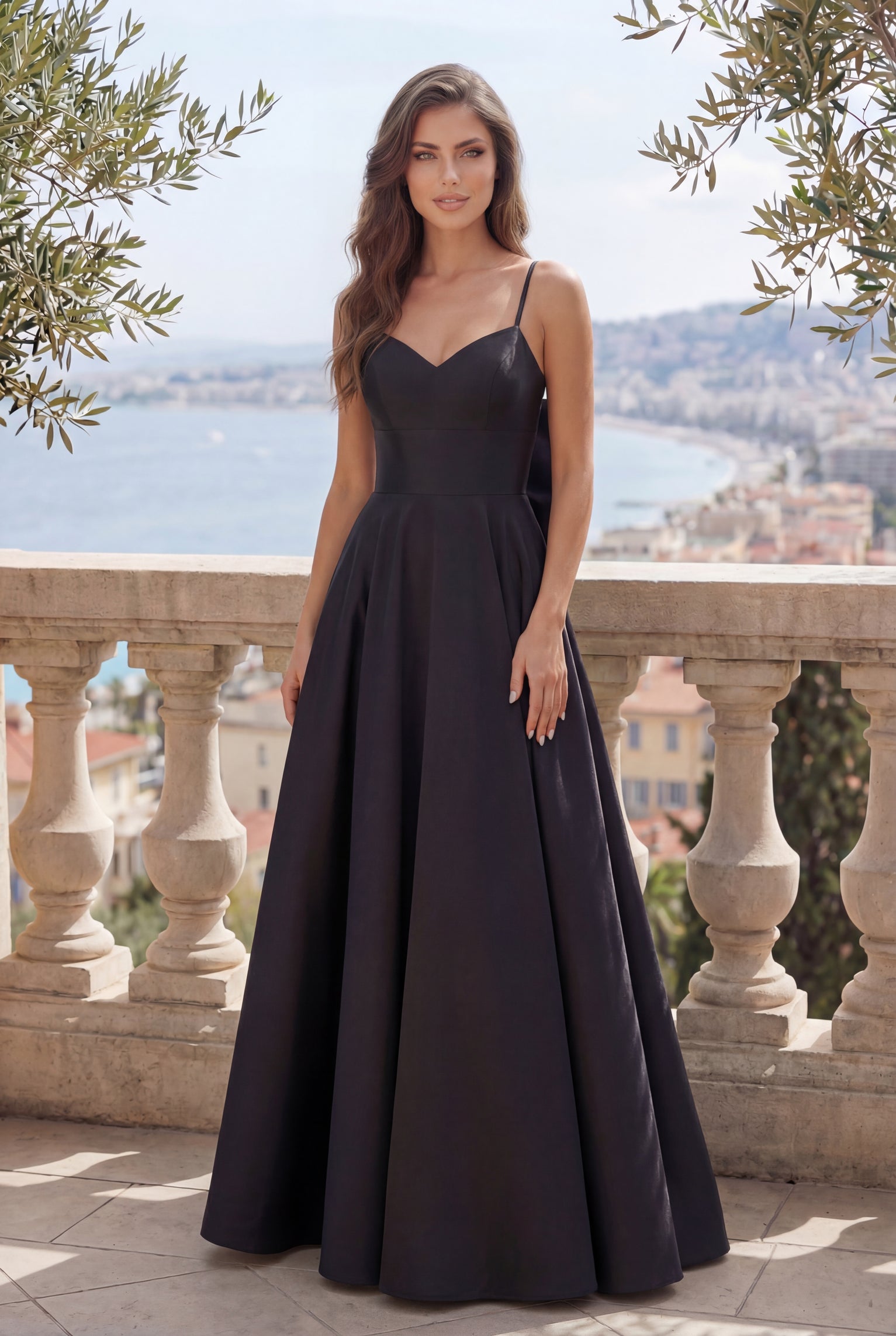 Kos Couture Long Black Prom Ball Gown Bow Tie Back