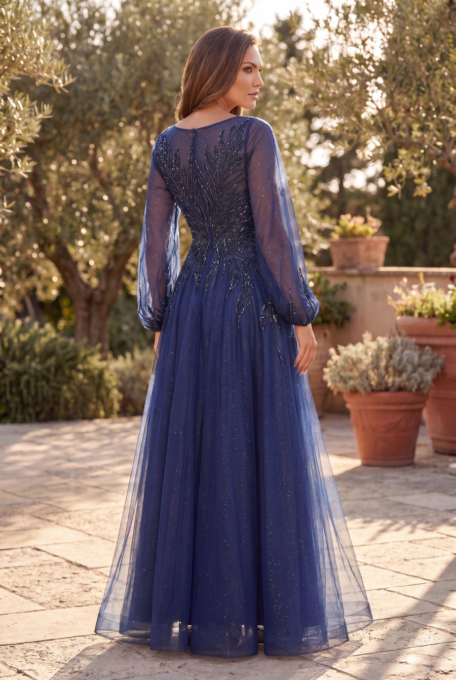 Kos Couture V Neck Long Sleeve Formal Evening Dress